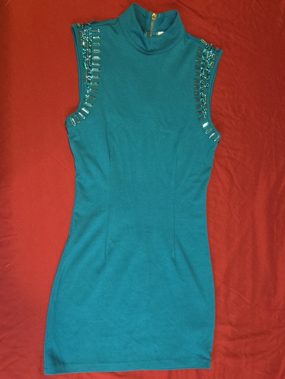 Forever 21 Teal Dress with Gold Zipper and Stones.    *